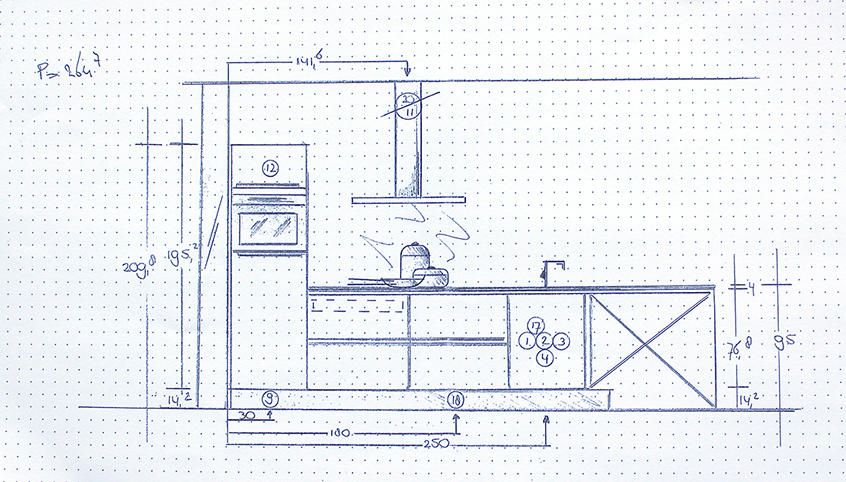 Verleggen leidingen voor Lvormige keuken volgens leidingschema M