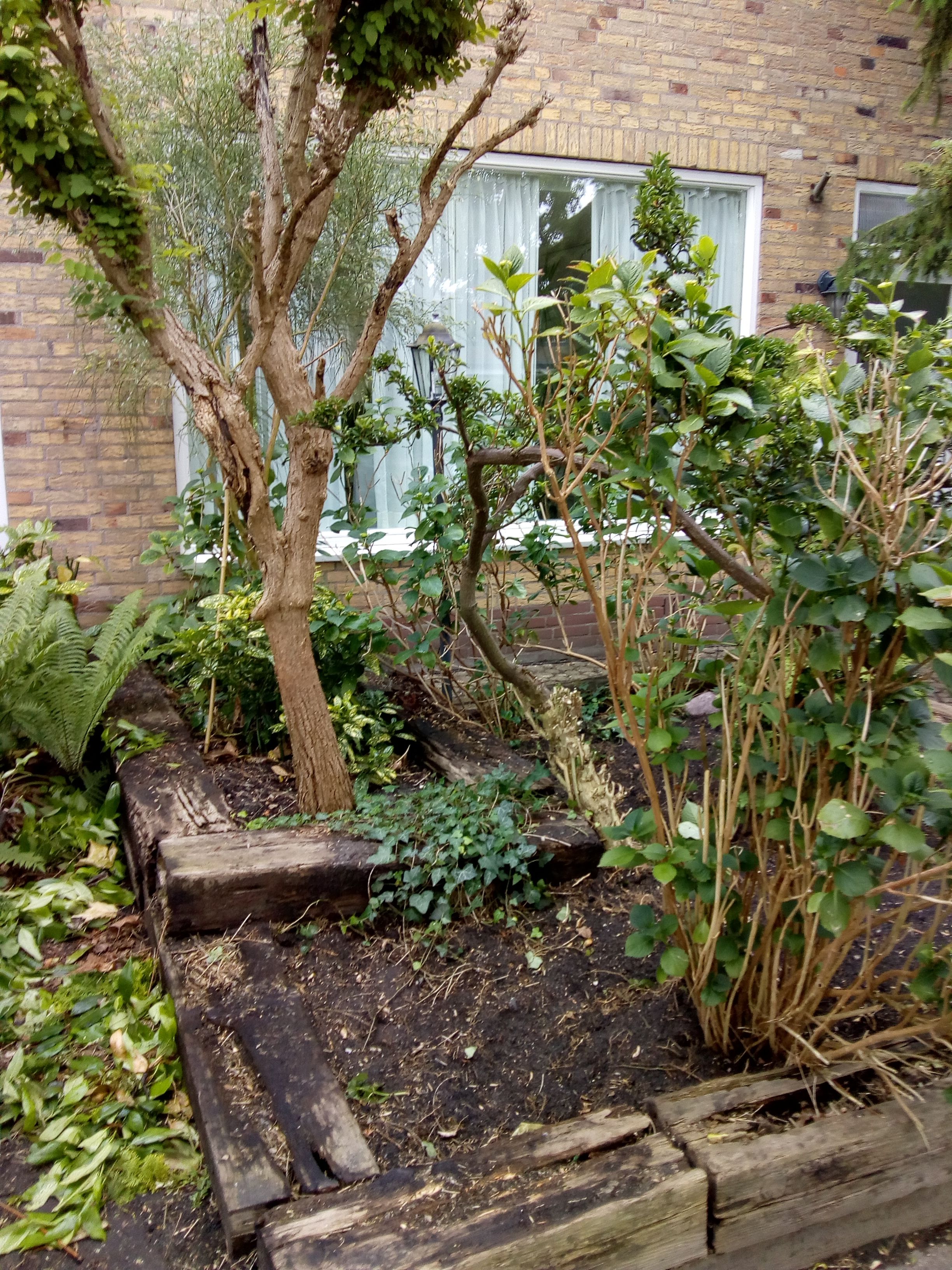 Tuinonderhoud Nieuwe houten bielzen in de voortuin en oude afvoeren