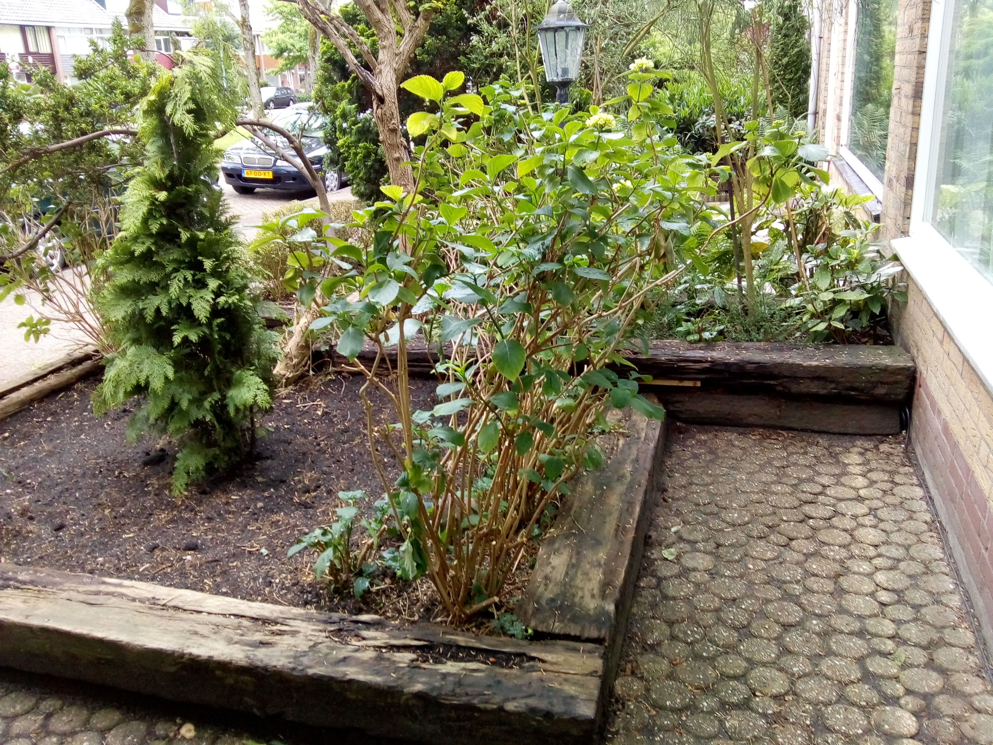 Tuinonderhoud Nieuwe houten bielzen in de voortuin en oude afvoeren