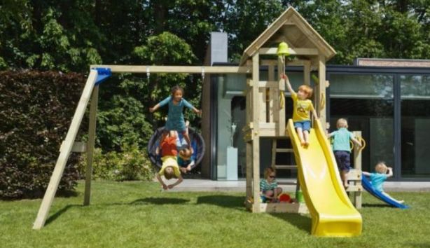 Houten tuin Speelhuis/Speeltoestel met schommel en glijbaan Werkspot