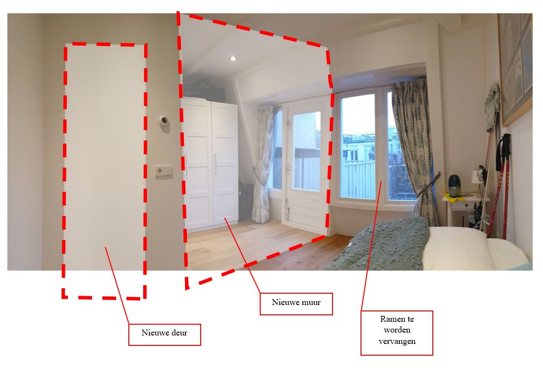 Binnenmuur plaatsen 1 muur; Schilderen, raam kozijn vervangen, aan