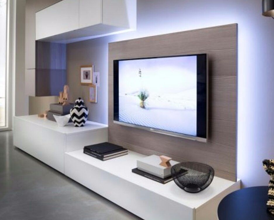 rooster Ontvanger skelet Tv flatscreen achterwand met verlichting en afwerkplank tv meubel - Werkspot