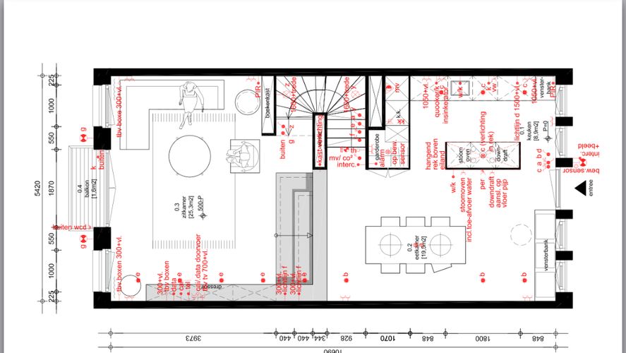 technische tekening keuken maken met locatie electra en leidingen